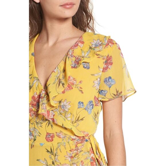 Lush Floral Ruffles Short Sleeve Wrap Dress Size XL Yellow Multi - Picture 4 of 8